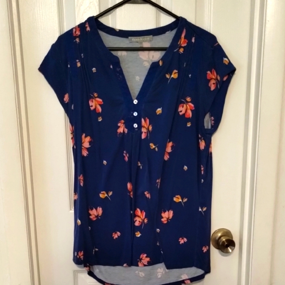 Daniel Rainn Blue Cap Sleeve Blouse with Mandarin Collar